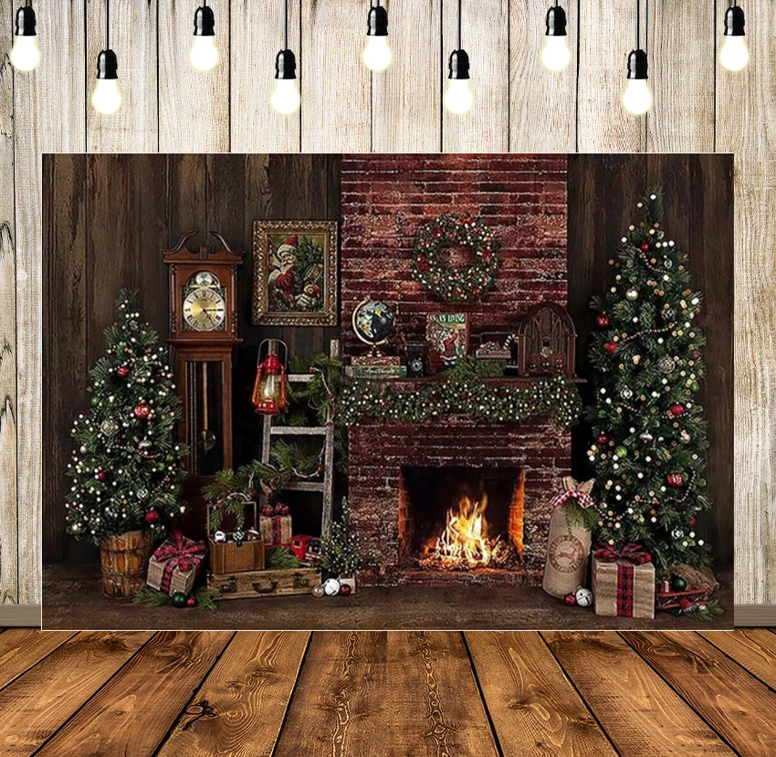 

Christmas Tree Fireplace Backdrop Background Wreath Photo Studio New Year Toy Santa Gifts Wood Wall Wallpaper Family Party Decor