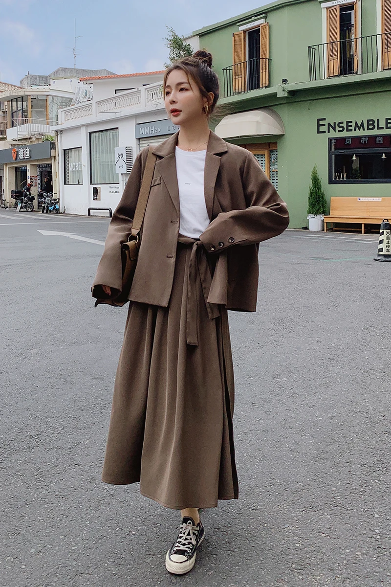 

2 Piece Sets Women Jacket and Skirt Suits Spring Autumn Female Elegant Korean Loose Casual Blazer Coat High Waist Skirts Outfits