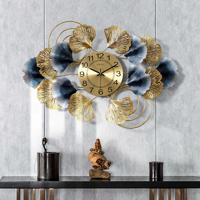Chinese Ginkgo Leaf Wrought Iron Wall Clock Hanging Decoration Home Livingroom Mural Crafts Hotel 3D sticker | Дом и сад