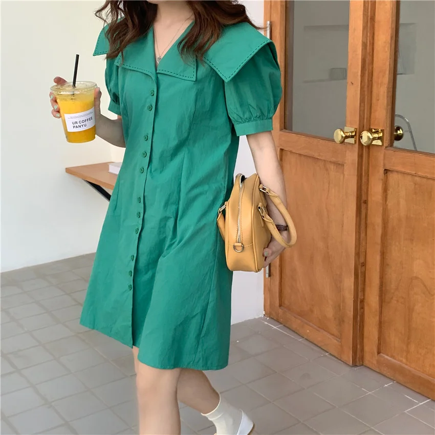 

Chic Young Girl's Bright Design Large Lapel Puff Sleeve Dress Rac