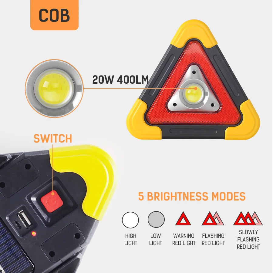 저렴한 삼각형 경고 신호등 DC5V 20W COB 태양열 충전식 LED 작업 조명, 야외 휴대용 자동차 수리 미니 캠핑 라이트