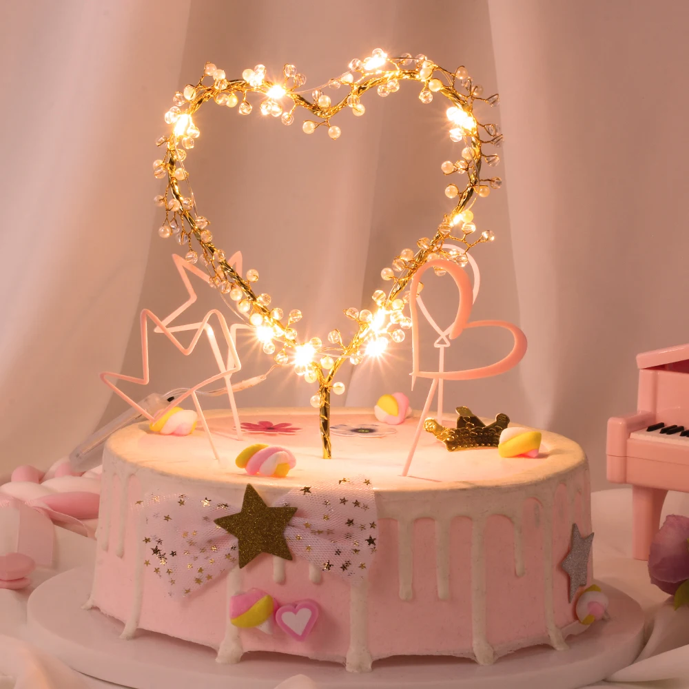 1 шт. топперы для торта в форме сердца со светодиодной подсветкой и жемчугом