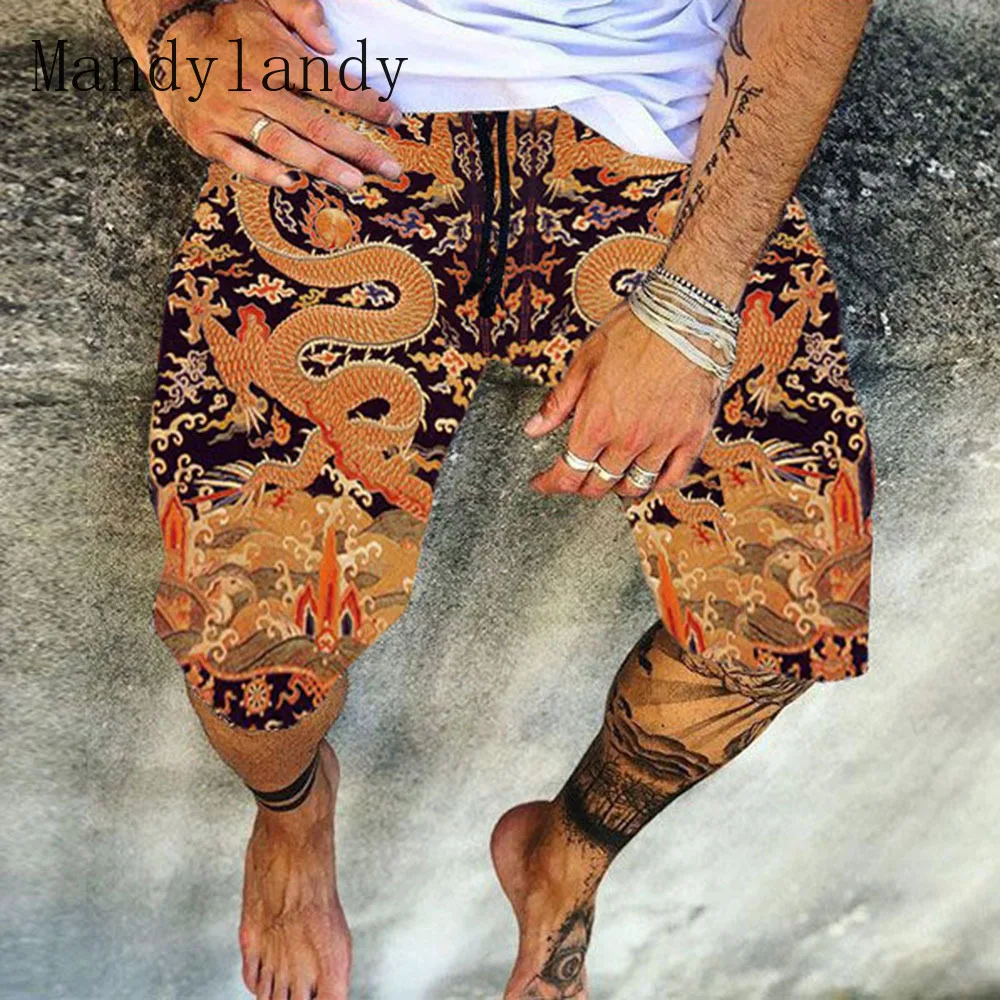 

Mandylandy Men's Summer Quick Dry Cotton Linen Beach Shorts Casual Baggy Ethnic Dragon Printed Shorts