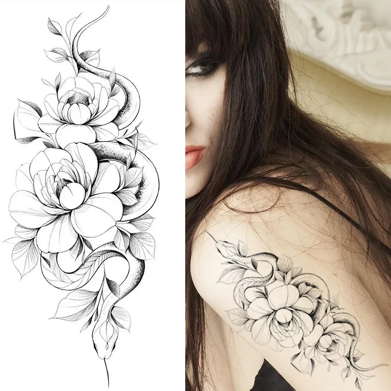 Temporary Tattoos Stickers Large Black Water Transfer Tattoos Stickers for Women Long Lasting Waterproof Rose Flowers Body Decal
