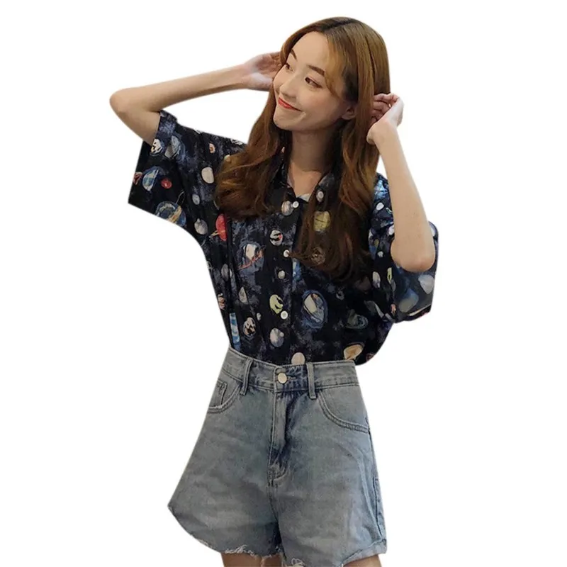 Рубашка женская в ретро стиле с принтом планеты блузка коротким рукавом и