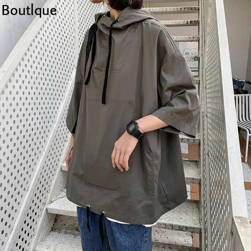 

Hoodies Women Solid Half-sleeve Hooded Loose Harajuku BF Front Pockets Couple Unisex Street Wear Lace Up Womens Stylish Chic New