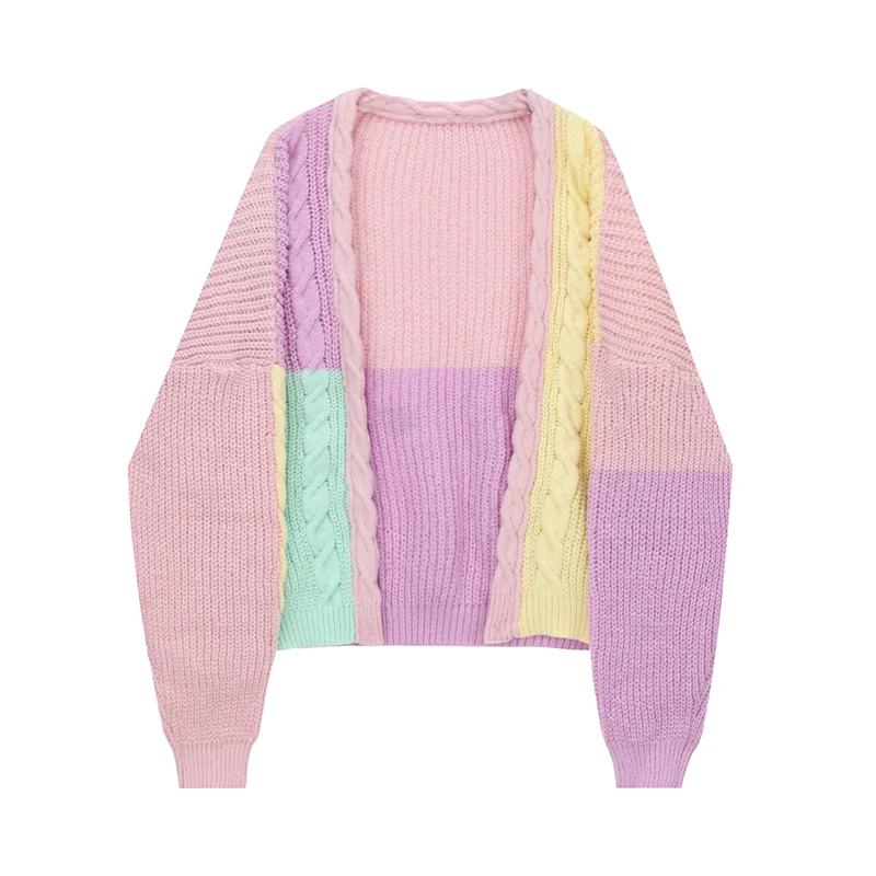 

Harajku Cardigan Women Long Sleeve Kimono Knit Cardigans Patchwork Rainbow Sweater for Sweet Girl Pastel Loose Jumpers