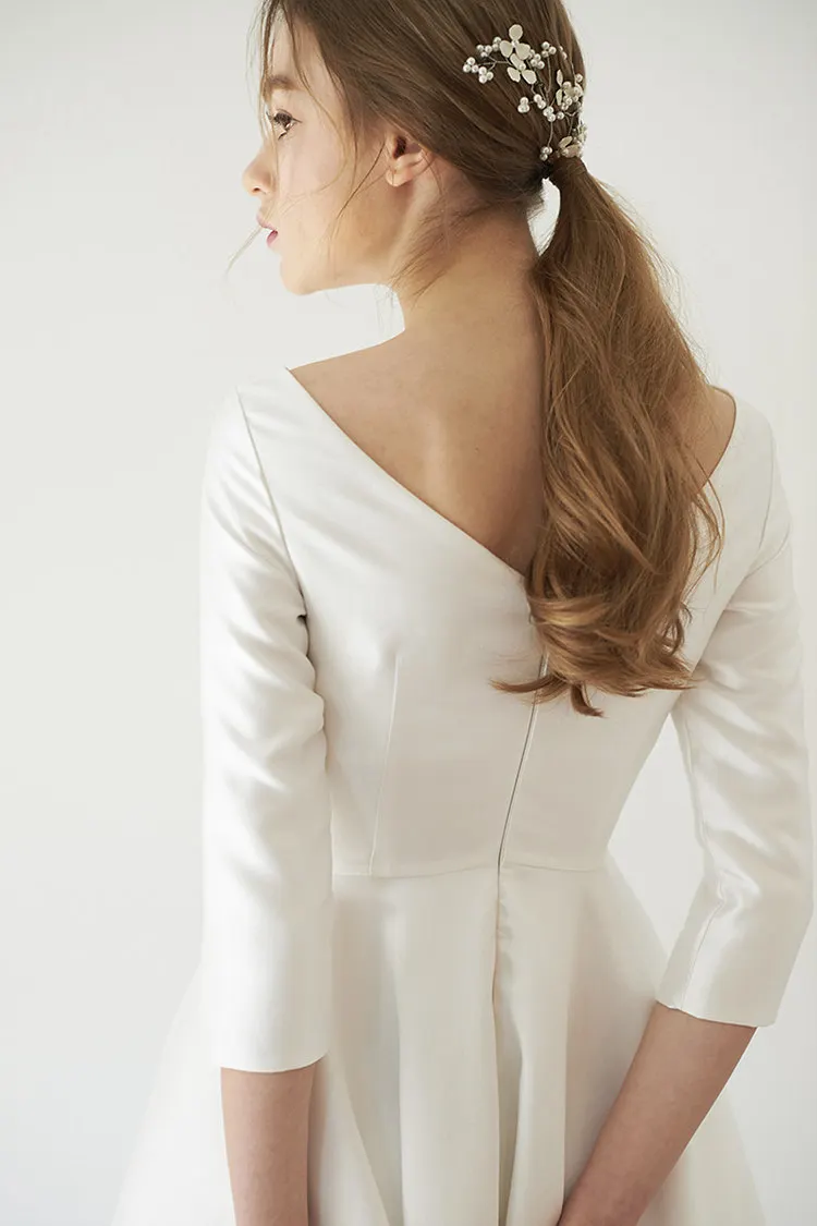 

New Simple Satin Dresses for Wedding Party Tea length With Sleeve Bridal Gowns abendkleider vestidosde novia robe-de-mariee