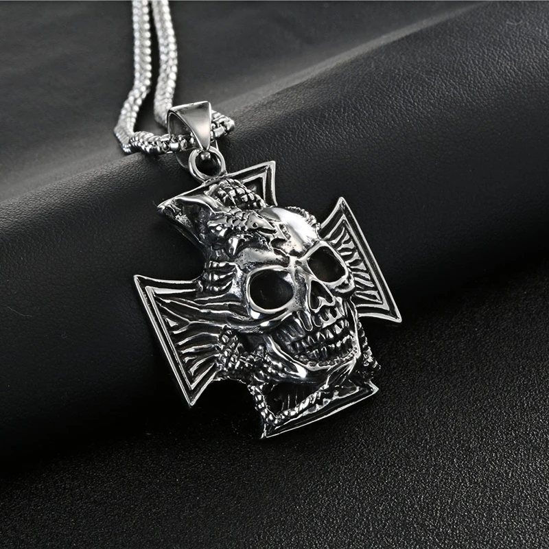 

[316L Stainless Steel] Fashion Personality Skull Ghost Head Cross Shape Pendant Necklace Men's Necklace Jewelry Gift
