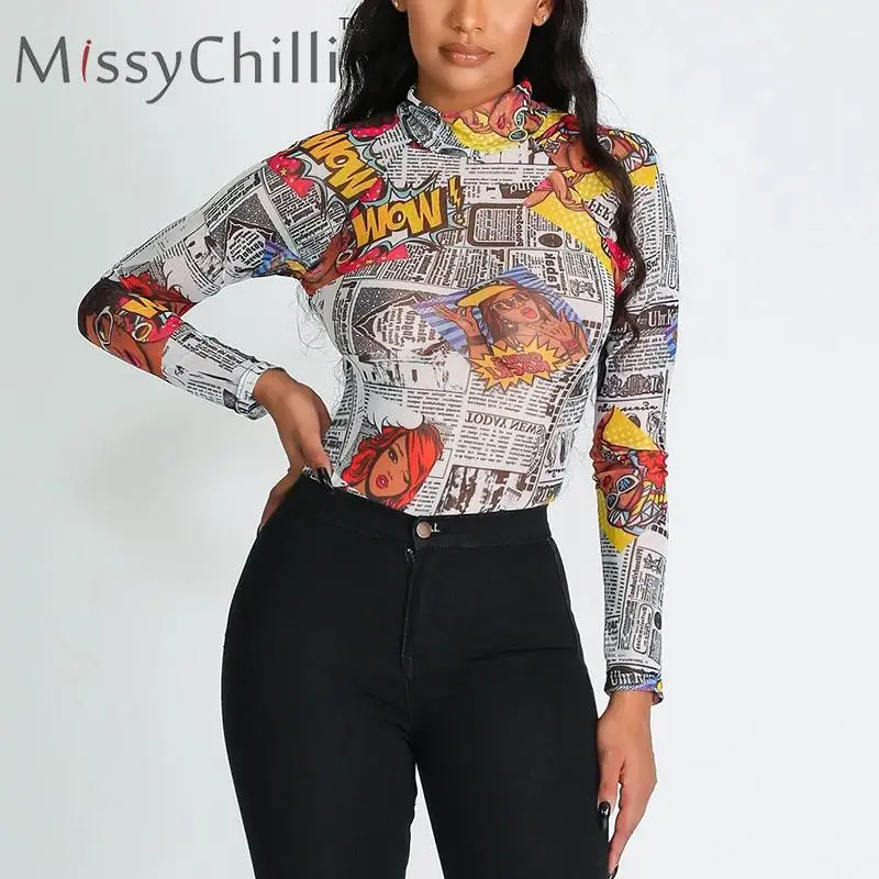 Модное облегающее боди MissyChilli с принтом газеты женская сексуальная уличная