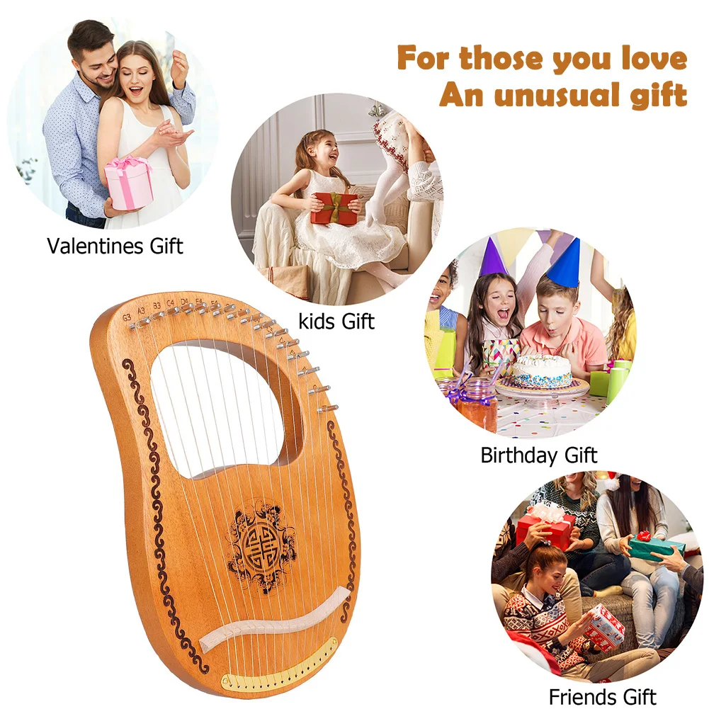 

16 Strings Wooden Mahogany Lyre Harp Instrument with Pickup Tuning Wrench Cleaning Cloth Beginner Gift Musical Instrument