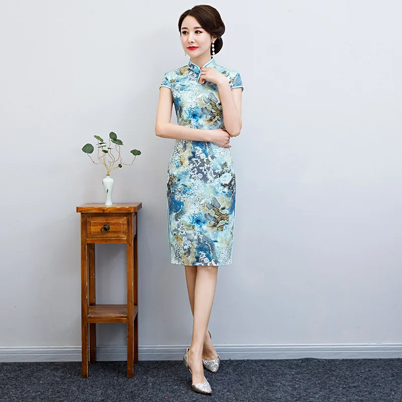 Китайский Стиль вечернее платье пикантное Чонсам Винтаж принт из сатина с