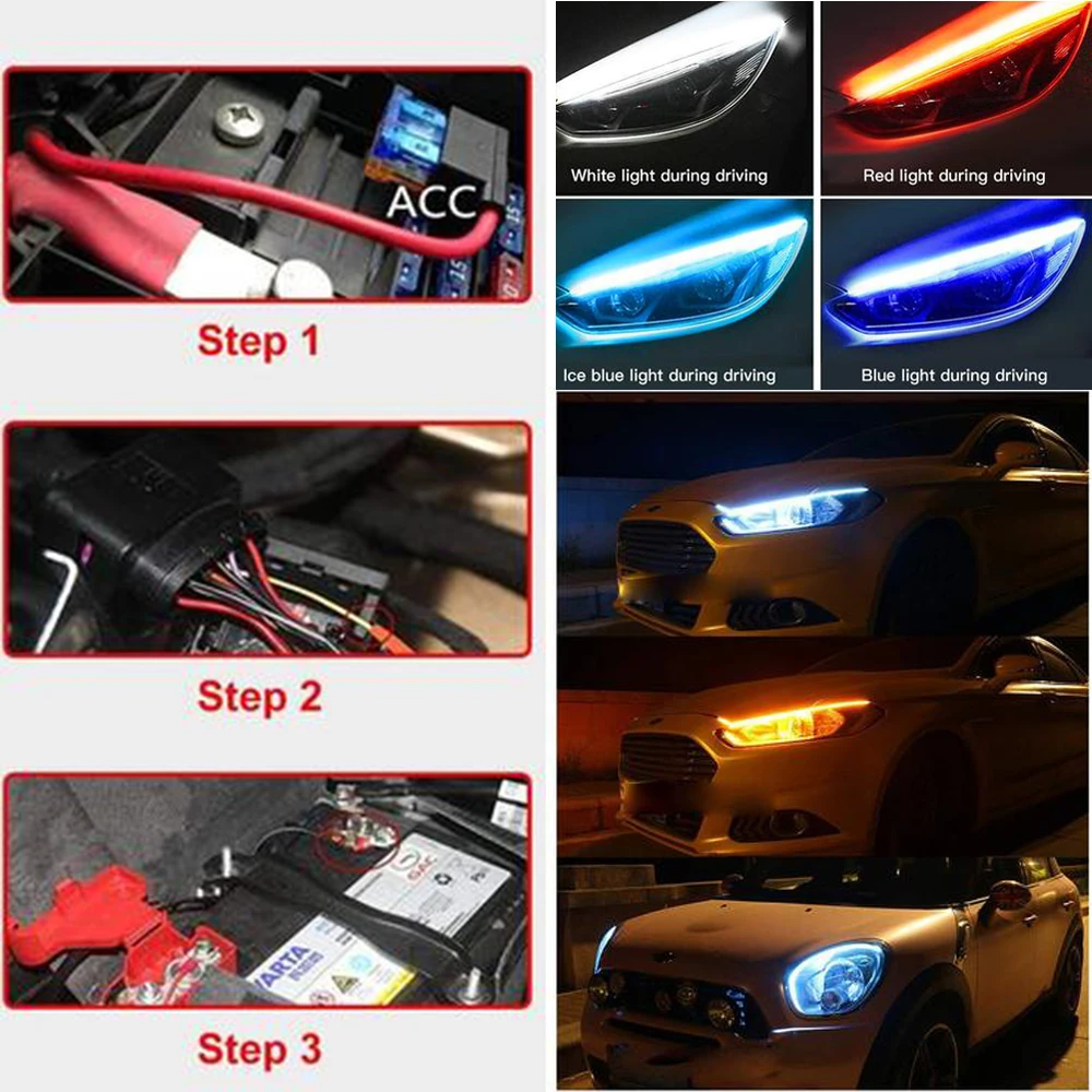

Universal Car Daytime Running LED Lights White Turn Signal Yellow Guide Led Lamp for Headlight LED Strip Car Accessories LED Bar