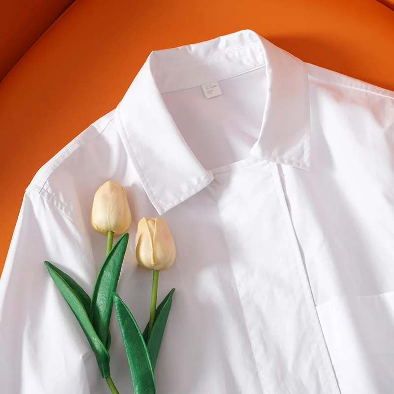

Autumn Women's Blouse Cotton White Long Sleeve Loose Single Pocket Turn-down Collar Simple OL Shirt 2020 New