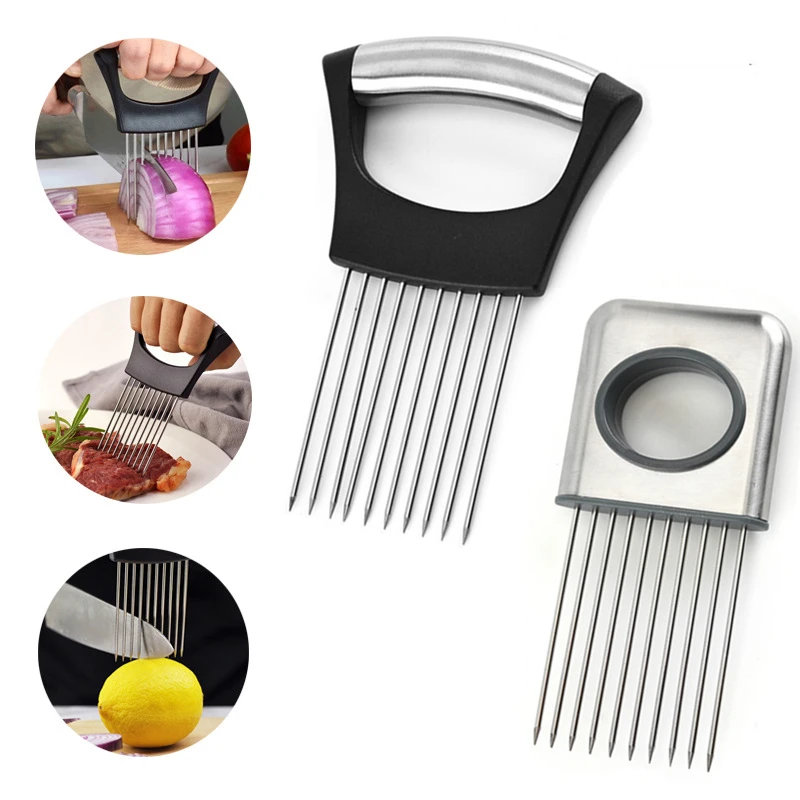 

2 Styles Stainless Steel Onion Slicer Loose Meat Needle Fruit Vegetables Cutter Food Cutting Safe Aid Tool Home Kitchen Supplies