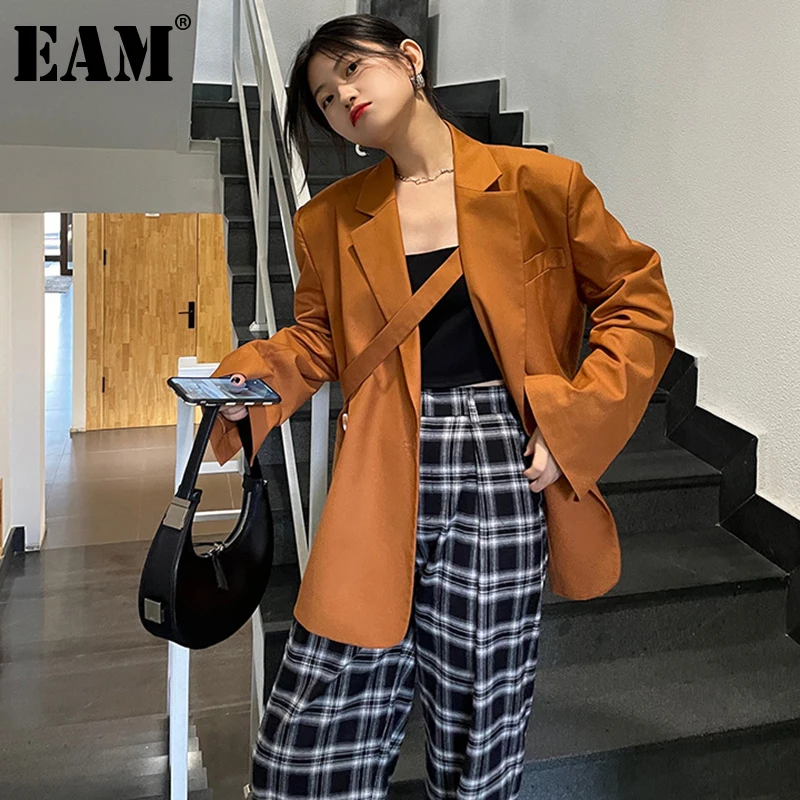 

[EAM] Women Brown Belt Big Size Casual Blazer New Lapel Long Sleeve Loose Fit Jacket Fashion Tide Spring Autumn 2021 1DE2282