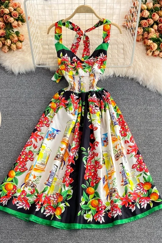 

2021 Summer Fashion Halter Neck Beach Dress Girl Off Shoulder Printed Spaghetti Strap Dress Luxury Celebrity Swing Dresses Women