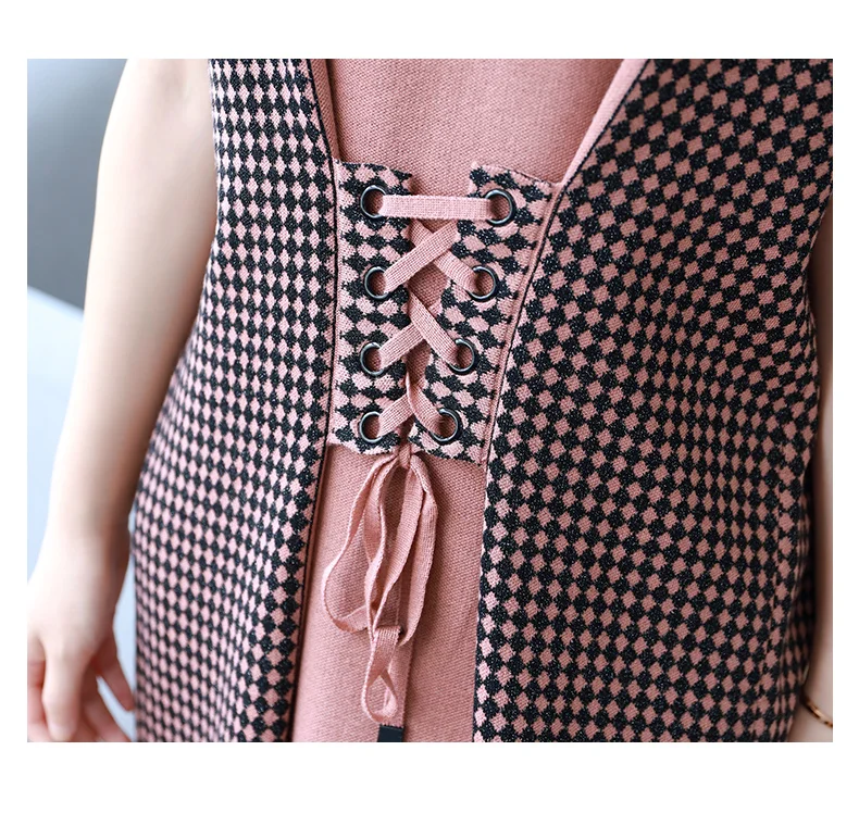 О образный вырез короткий рукав узор в клетку лоскутное вязаное платье для