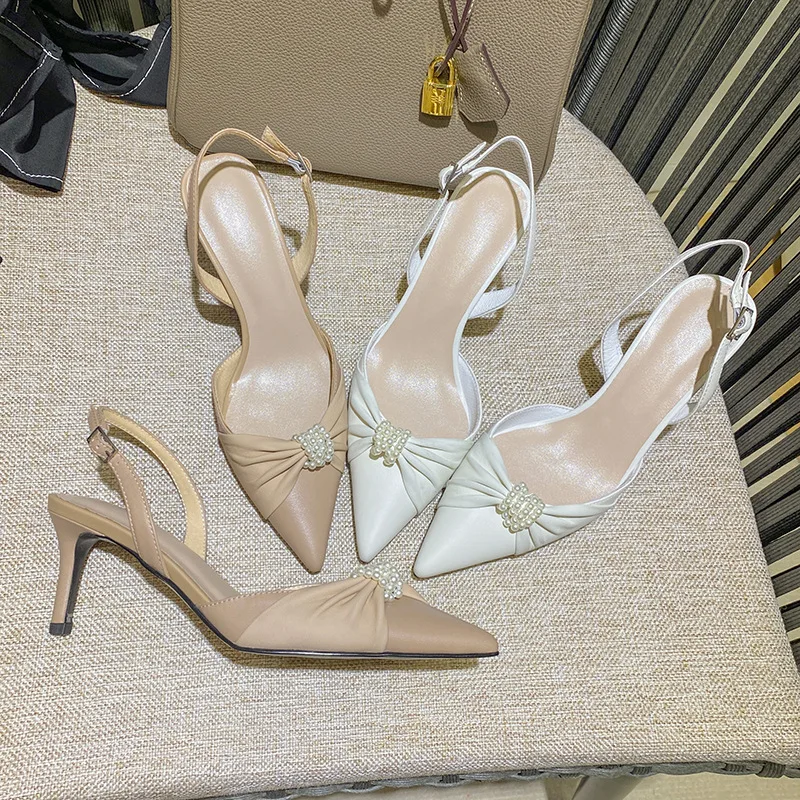 

2021 New Pearl Beaded pleated bowknot thin heel leather women's shoes elegant temperament sandals