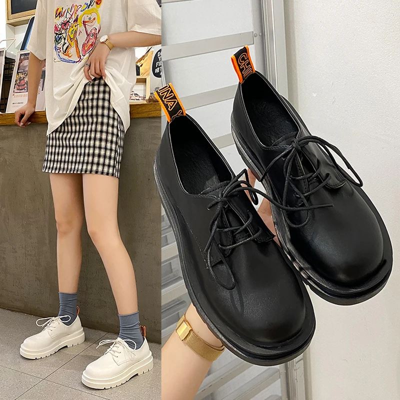 

Casual Woman Shoe Modis All-Match British Style Round Toe Oxfords Female Footwear Cross 2021 Preppy Retro New Leather Dress Lace