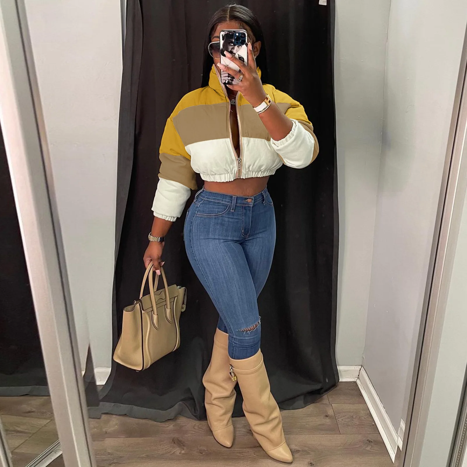 

Color Stitched Women's Shorts Bread Coat 2021 Autumn Winter New Streetwear Zipper Jacket Fashion Long Sleeve Stand Collar Coat