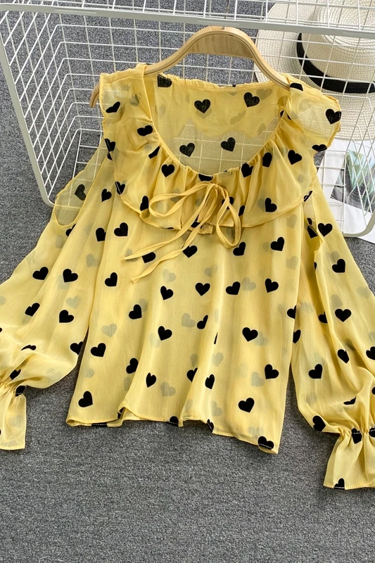 

2020 New Summer Sweet versatile doll collar Lantern Sleeve Shirt hit color Love Print lace up bow loose Shirt Top