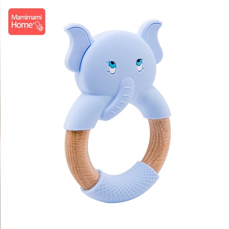 blue Elephant Ring Mamihome Baby Wooden Teether Animal Ring Silicone Rodent Beech Wooden Blank Rabbit Ears baby products Toys Pacifier Pendant Gift - Цвет: blue Elephant Ring