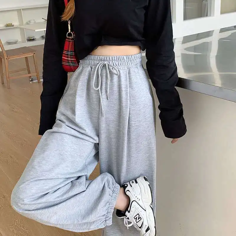 

Women's Pants Spring Autumn 2021 New High-waisted Straight loose Gray Sports Wide-leg Feet Casual all-match Hip Hop Pants Female