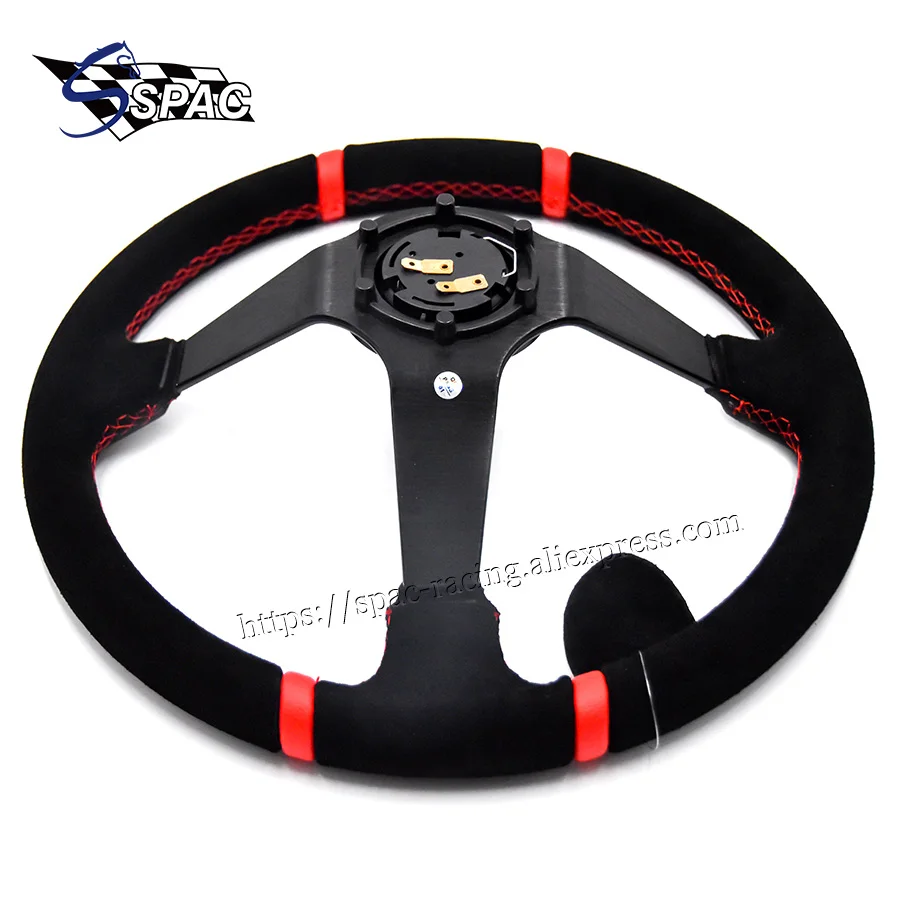 Автомобильный руль 350 мм Глубокая тарелка замша черная кожа красная стежка |