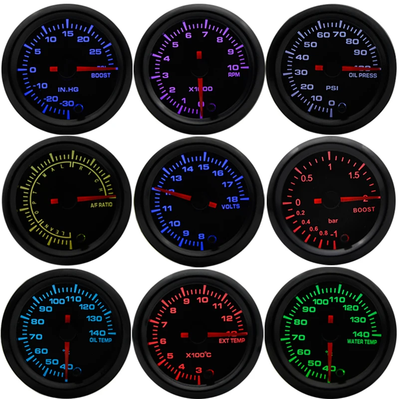 2" 52mm 7 Colors LED Boost/Water temp/Oil temp/Oil pressure/Voltmeter/Air fuel ratio/EGT/Tachometer RPM Car Gauge +Gauge Pods