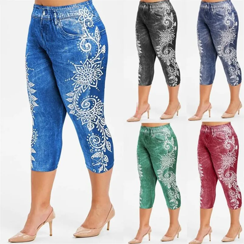 

Printed False Denim Short Leggings 3\4 Women Jeans Leggings High Waist Breeches Capri Pants Super Elastic Jeggings Plus Size 2XL