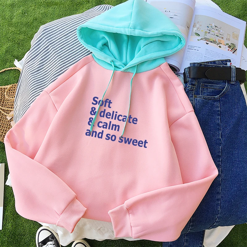 

Women Autumn Winter New Funny Letter Printed Hoodies Casual Fleece Spell Color Splicing Drop Shoulder Sweatshirts Sudadera Mujer