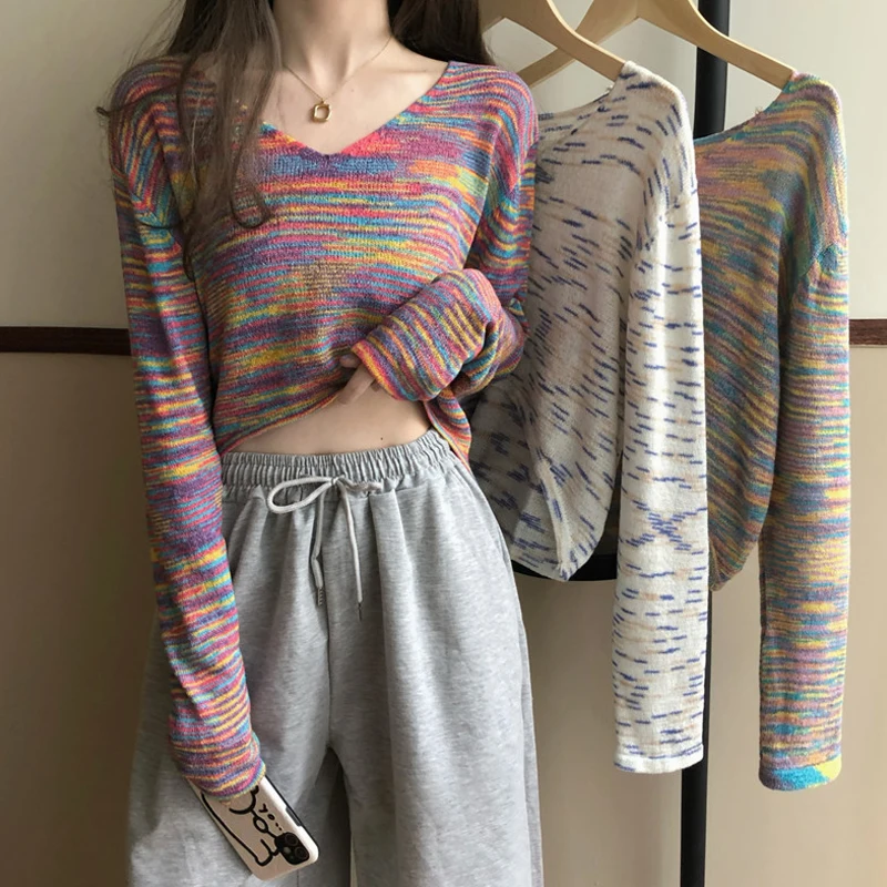 

Укороченный свитер, Женский Повседневный вязаный пуловер с длинным рукавом, Радужный модный джемпер, тонкая Корейская Осенняя женская одеж...