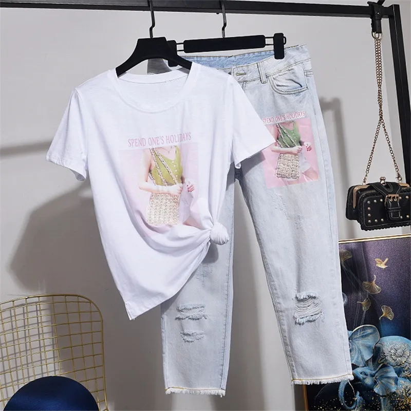 Повседневный комплект из двух предметов женская футболка с принтом расшитая