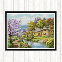 the riverside lodge cross stitch embroidery landscape 14ct printed on canvas dmc diy for needlework 11ct counted patterns crafts