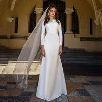 muslim white wedding dresses for women v neck long sleeves backless lace appliques bows side high split vestidos de novia 2021
