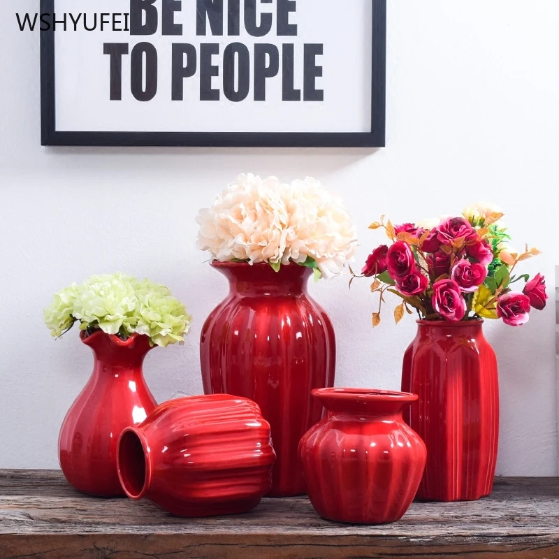 Jarrón de cerámica de tambor rojo, decoración festiva para el hogar y la boda, adornos decorativos modernos y sencillos para almacenamiento de flores en la sala de estar, 1 ud.
