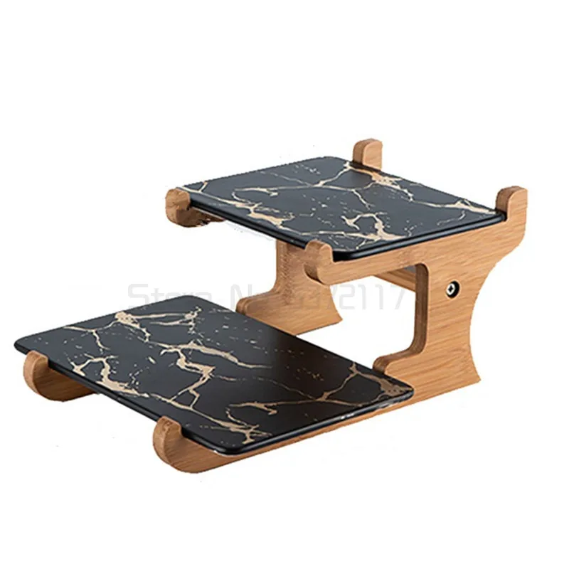 

Marbling Ceramic Cake Rack Afternoon Tea Snack Double Wooden Frame Snack Table Decoration Fruit Plate Dessert Plate