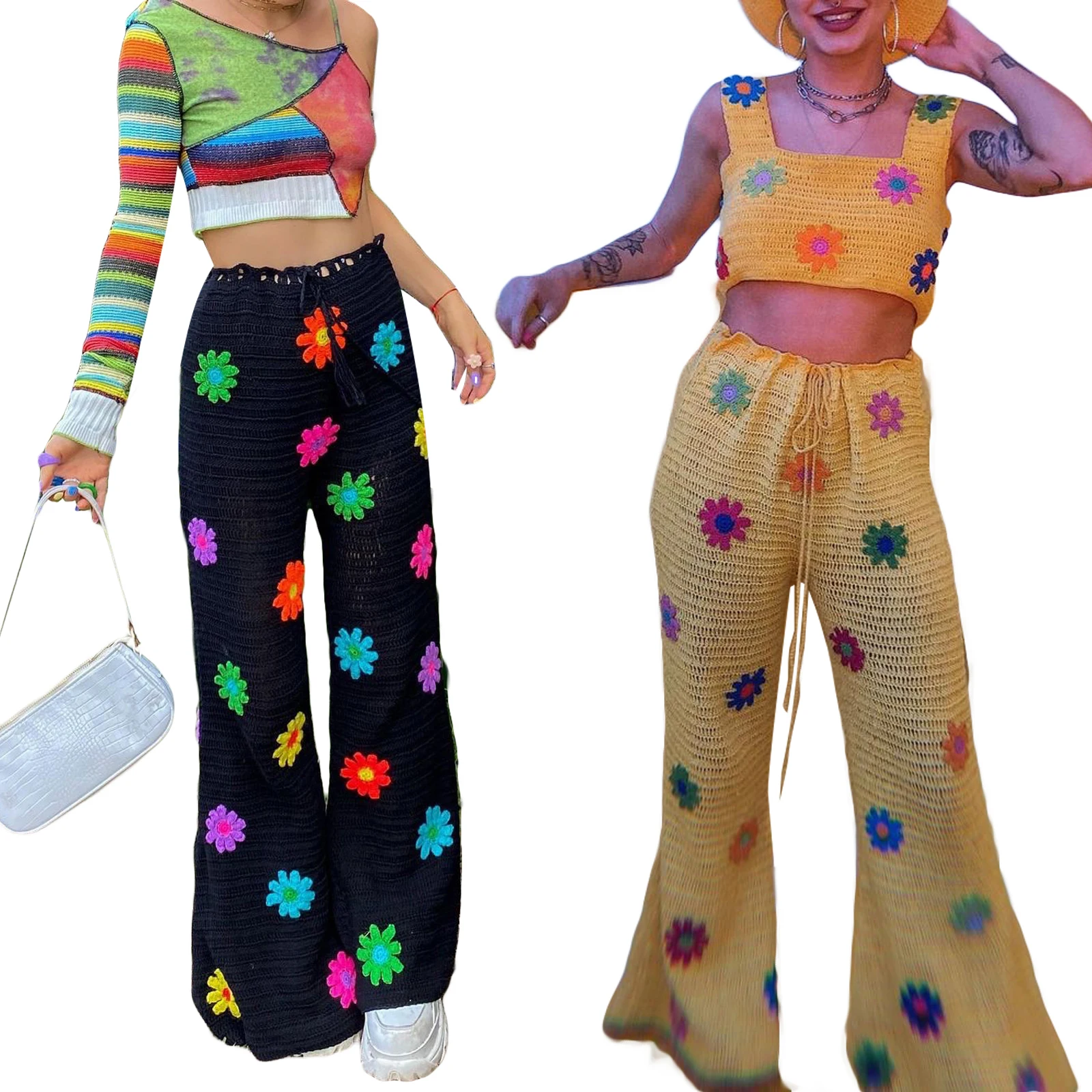 

Женские трикотажные расклешенные брюки, осенне-весенняя одежда, модные брюки с высокой талией и цветочным принтом, женские повседневные дл...