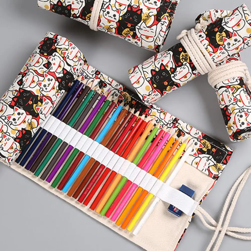 

12/24/36 Holes Girl Boy Pencil Case Pen Bag Canvas Roll Stationary Holder Panel