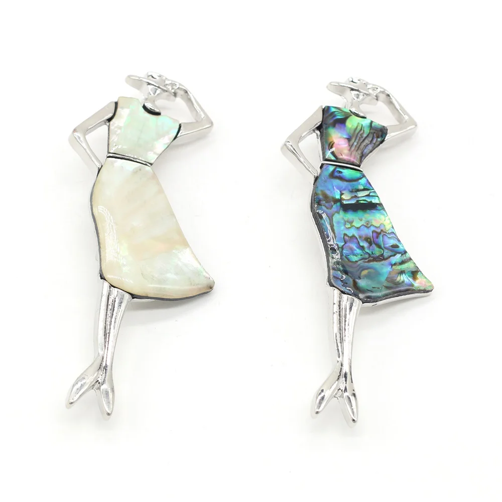 

Natural Shell Alloy Metal Pendant Brooch Girl Shape Metal Dyed Abalone Shell Accented Charms for Jewelry Making Ornament