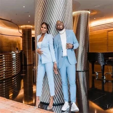 2 pçs azul claro jaqueta calças conjuntos ternos masculinos roupas sob medida blazer casual calças festa de casamento wear negócios ternos masculinos (2)