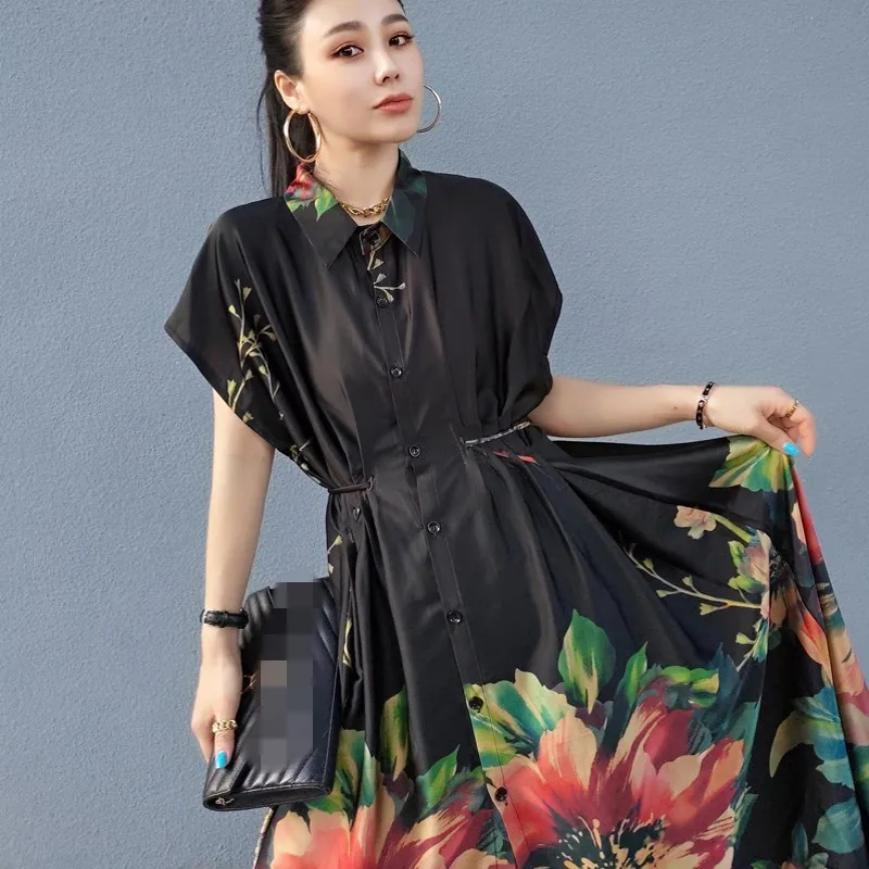

Casual Fashion Short Sleeve Loose Fit Lace Up Office Lady Summer Shirt Dress Women Vintage Printed Ankle Length Elegant Dresses