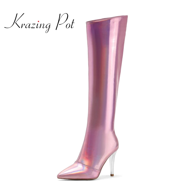 

krazing pot large size pointed toe stiletto super high heels special design mature young lady streetwear thigh high boots L28