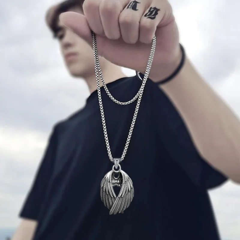 

Hip Hop New Fashion Angel Wings Pendants Round Chain Long Mens Womens Silver Color Necklace Punk Party Jewelry