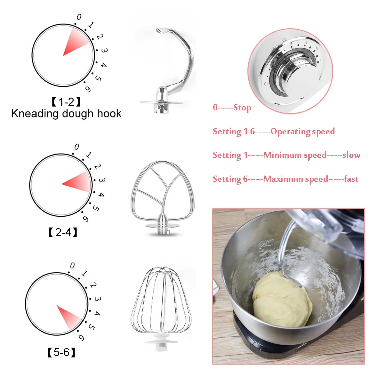 

5L Electric Food Mixer 6 Speed Table Stand Cake Dough Mixer Cream Egg Whisk Blender Flat Beater Kitchen Powerful Machine