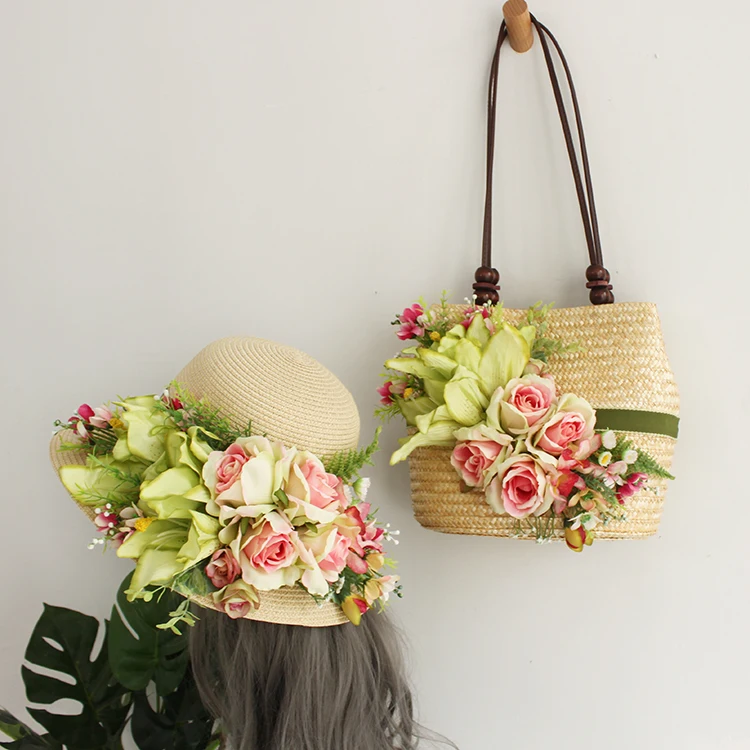 Women Summer Straw Beach Bag Colorful Artificial Flowers Handmade High-end Customized Rattan Fashin Lady Holiday Tote Hat Suit