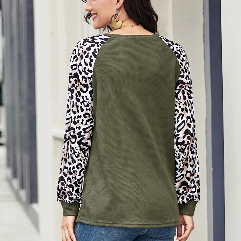 

Loose O- Neck Long Sleeve Leopard Print T-Shirt Patchwork Printing Spring Pullover Fashion Casual Women's Top