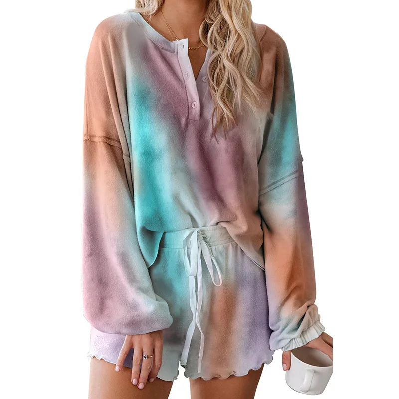 

Shiying Tie-Dye Pajamas Women Summer 2020 New Comfortable Breathable Long-Sleeved Wooden Ear Leisure Tops Two-Piece Women