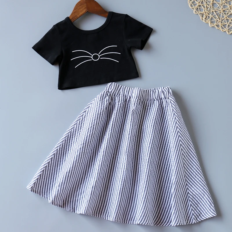 

Kids Clothes Summer New Children Clothing Set For Girls 2Pcs Black Short T-Shirt + Stripe Long Skirts Toddler Girls Clothing